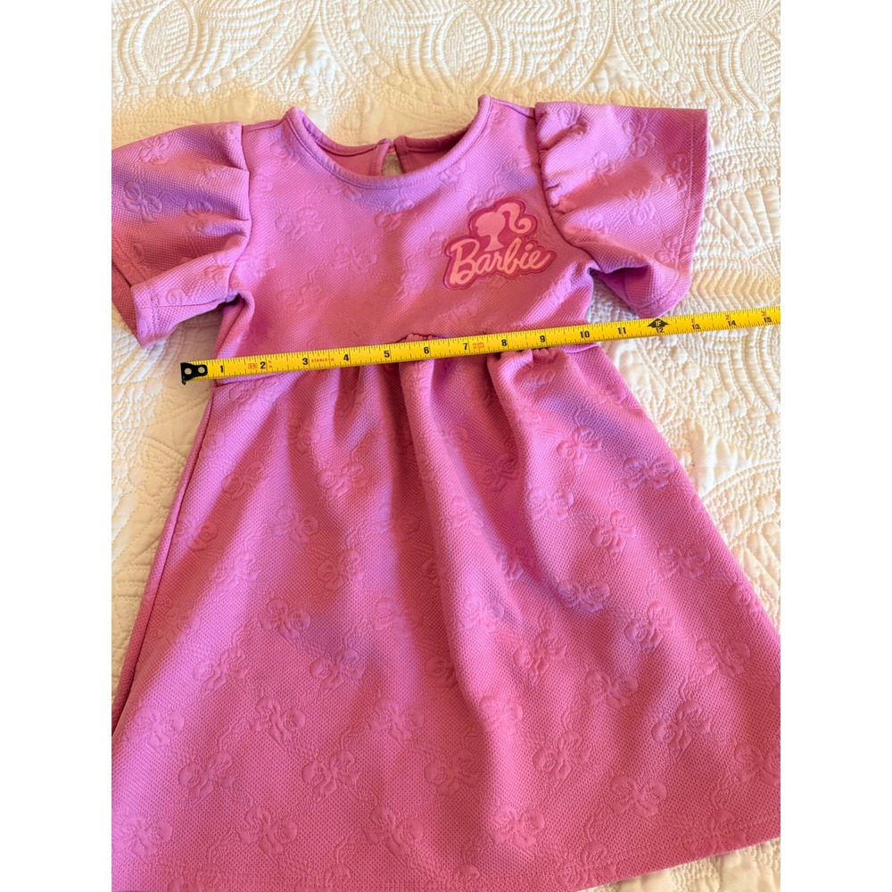 Barbie Girls Pink Embossed Bow Flutter Sleeve Dress Size 3T Logo Patch - Picture 4 of 11